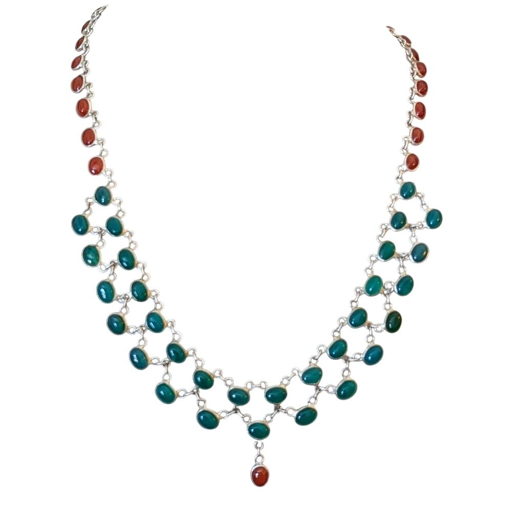 Vtg Green & Red Onyx Cabochons 925 Sterling Silver Collar Hook Clasp Necklace - Picture 10 of 11